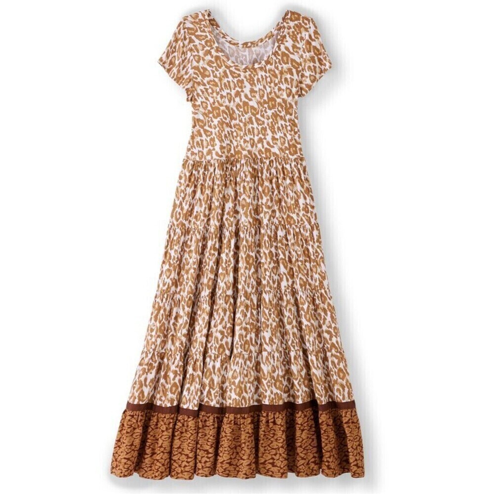 Soft Surroundings Kara Dress 3X White Mocha Leopard Tiered Maxi Animal Print NEW